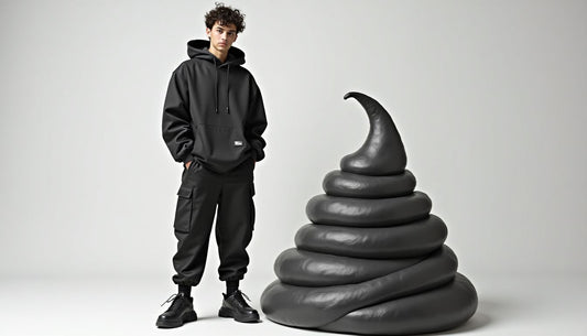 Gen-Z model in monochromatic streetwear next to an ironic Poop-Art sculpture. High-fashion, funny fashion.
