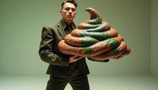 Gen-Z model in avant-garde fashion holding large brown & green abstract Poop-Art sculpture, high fashion.