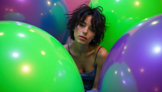 Gen-Z model with messy hair sitting among large neon green and purple metallic blob sculptures. Abstract Poop-Art style.
