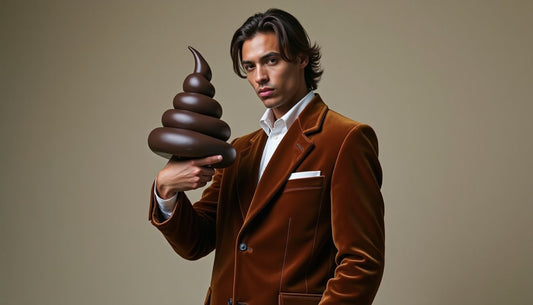 Gen-Z model in oversized mocha velvet suit, holding a dark brown Poop-Art sculpture. Funny fashion streetwear.