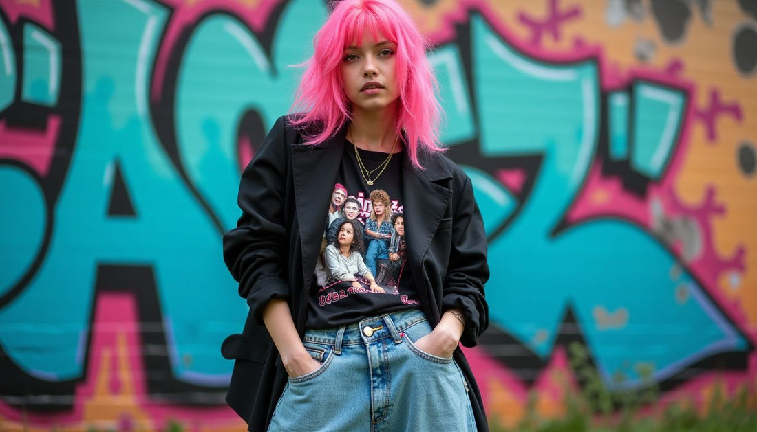 Gen-Z model in streetwear: pink hair, oversized blazer, band tee, baggy jeans, iridescent sneakers against graffiti wall.