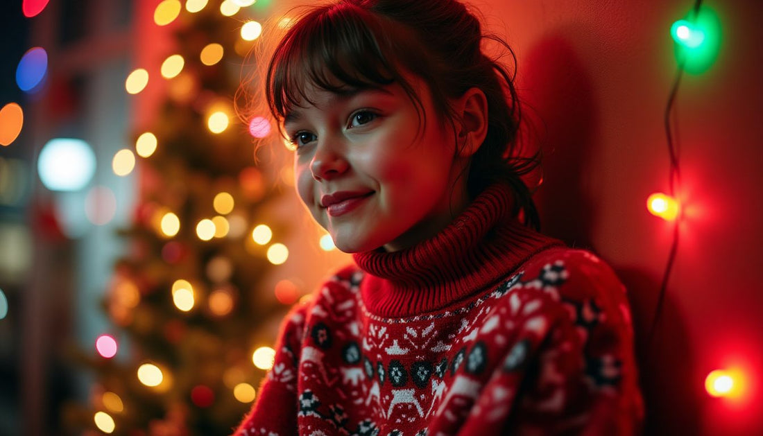 Oversized ugly Christmas sweater on Gen-Z model, with fairy lights and tinsel. Funny fashion streetwear.