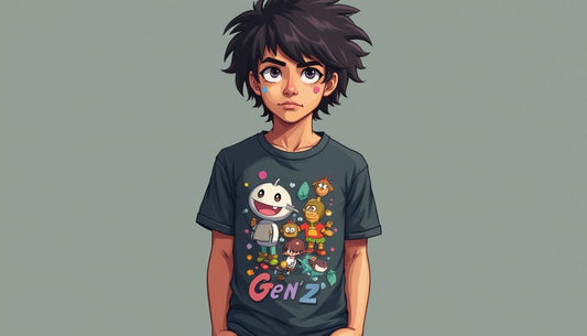 Gen-Z model in funny pixelated graphic t-shirt, streetwear fashion.