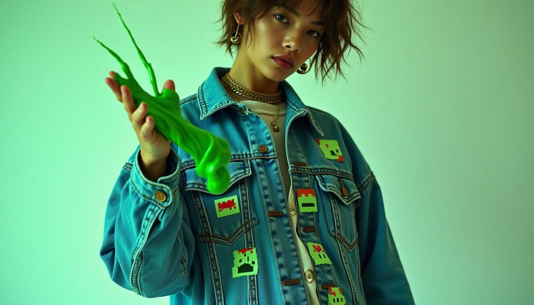Model wearing oversized deconstructed denim jacket with pixelated internet memes, glitch patterns, holding green digital slime. Streetwear.