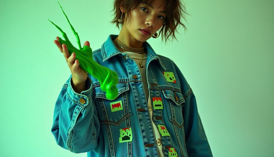 Model wearing oversized deconstructed denim jacket with pixelated internet memes, glitch patterns, holding green digital slime. Streetwear.