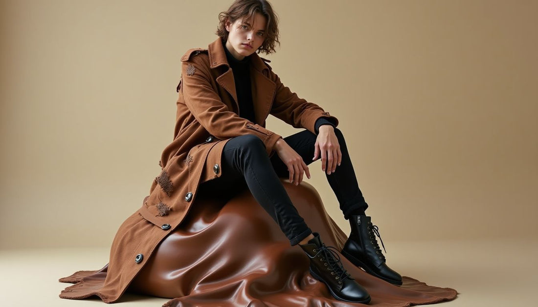Gen-Z model in oversized distressed avant-garde trench coat sitting on a brown abstract Poop-Art sculpture.