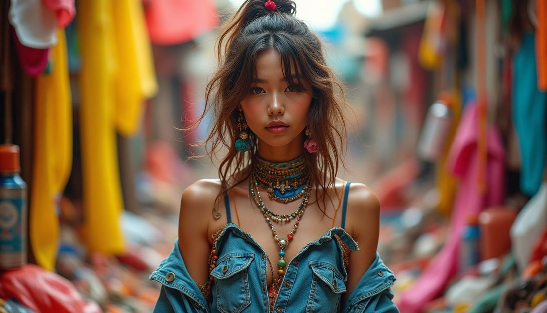 Confident Gen-Z person amidst chaotic bright plastic, wires, spray cans, fabric scraps. Ugly-cool streetwear fashion.