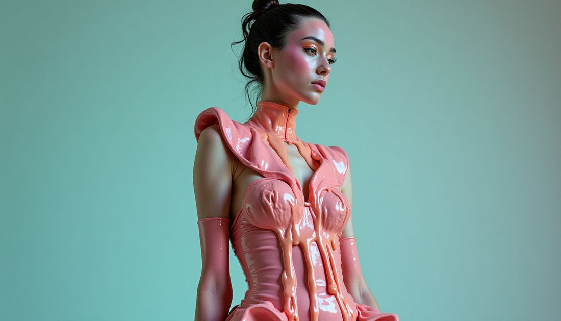 Non-binary model in avant-garde iridescent mud & slime couture outfit, lumpy silhouettes. Abstract studio.