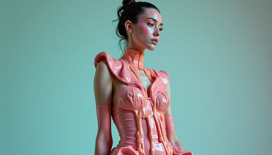 Non-binary model in avant-garde iridescent mud & slime couture outfit, lumpy silhouettes. Abstract studio.
