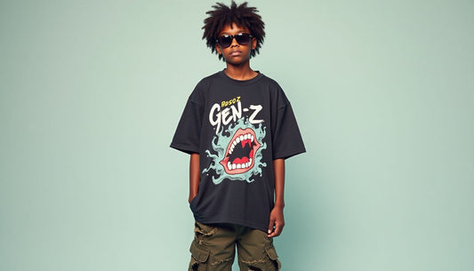Gen-Z model in oversized bizarre graphic t-shirt and distressed cargo pants. Funny streetwear fashion.