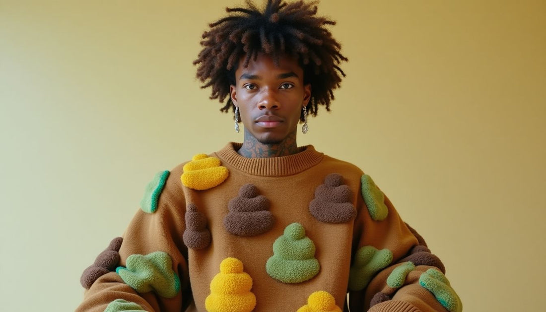 Non-binary Gen-Z model in oversized 'ugly' Poop-Art sweater with 3D lumpy brown, green, mustard patterns. Streetwear.