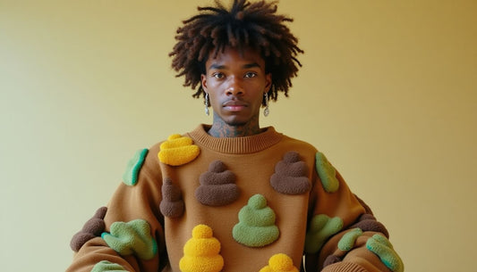 Non-binary Gen-Z model in oversized 'ugly' Poop-Art sweater with 3D lumpy brown, green, mustard patterns. Streetwear.
