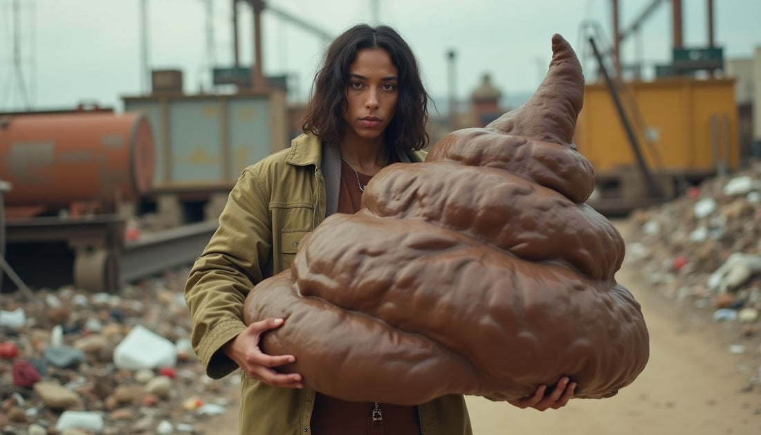 Gen-Z model in streetwear holding large, lumpy brown sculpture resembling Poop-Art, amidst industrial waste. Funny fashion.