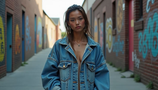 Oversized deconstructed denim jacket on a Gen-Z model with wet hair, posing in an urban alley. Modern streetwear.