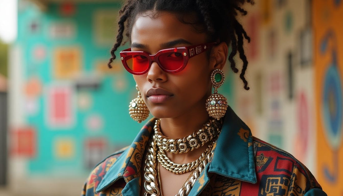 Gen-Z model in chaotic moodboard streetwear outfit: mismatched patterns, layered textures, oversized jewelry, unconventional accessories.