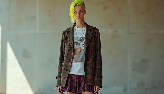 Gen-Z model with neon buzzcut wears oversized patched blazer, shredded tee, plaid skirt, combat boots. Streetwear.