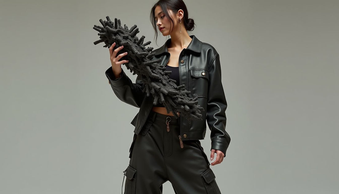 Model in deconstructed leather jacket, baggy cargo pants, holding abstract dark bronze digital debris sculpture. Streetwear.