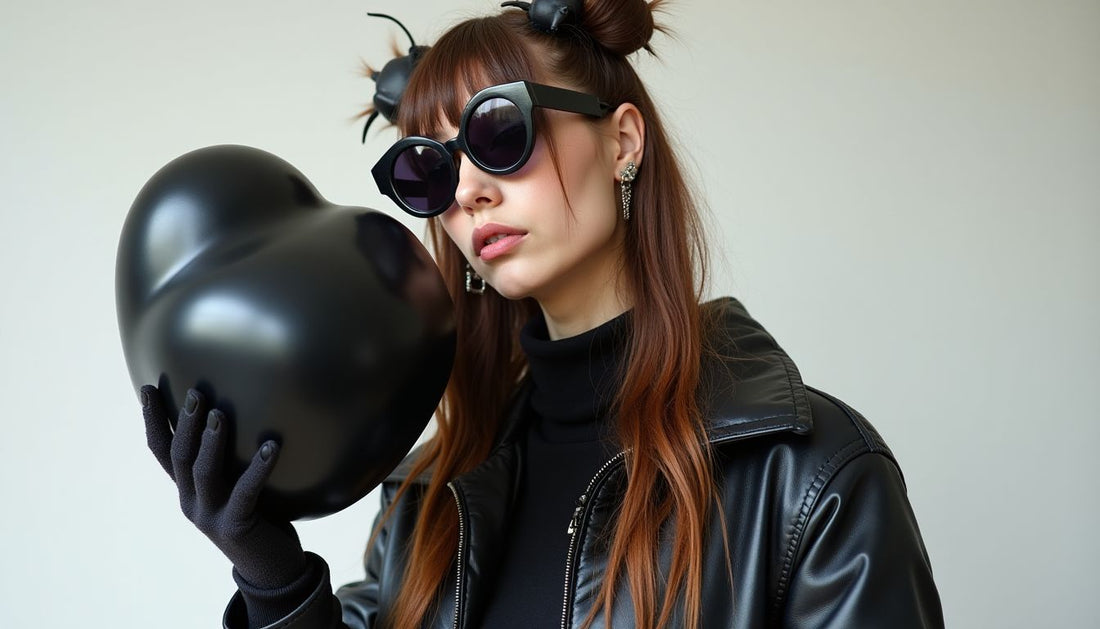 Gen-Z model in deconstructed funny fashion streetwear, ugly accessories, holding a glossy dark blob sculpture.