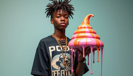 Gen-Z model in oversized ironic graphic tee and layered streetwear holds a dripping multi-colored gooey Poop-Art sculpture.
