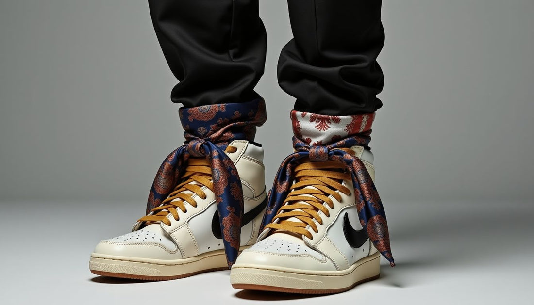 Model wears a luxurious, patterned silk scarf as shoelaces on high-top sneakers with a deconstructed blazer. Streetwear.