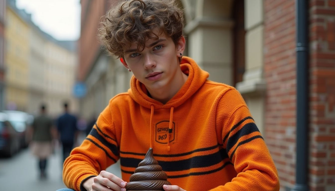 Orange & black striped knitwear on Gen-Z model. Streetwear with a tasteful 'Poop-Art' sculpture.