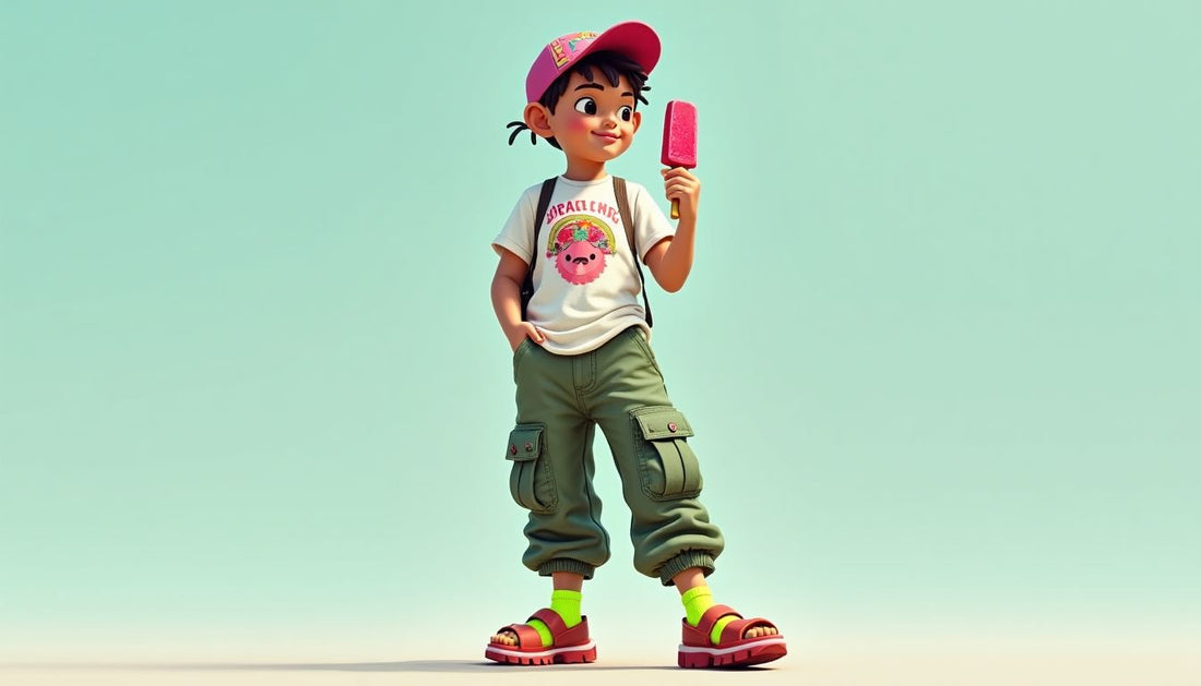 Gen-Z model in brainrot streetwear: graphic tee, floral top, cargo pants, neon socks, chunky sandals, novelty cap, holding popsicle.