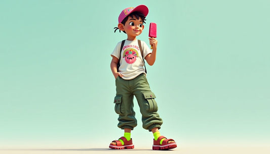 Gen-Z model in brainrot streetwear: graphic tee, floral top, cargo pants, neon socks, chunky sandals, novelty cap, holding popsicle.