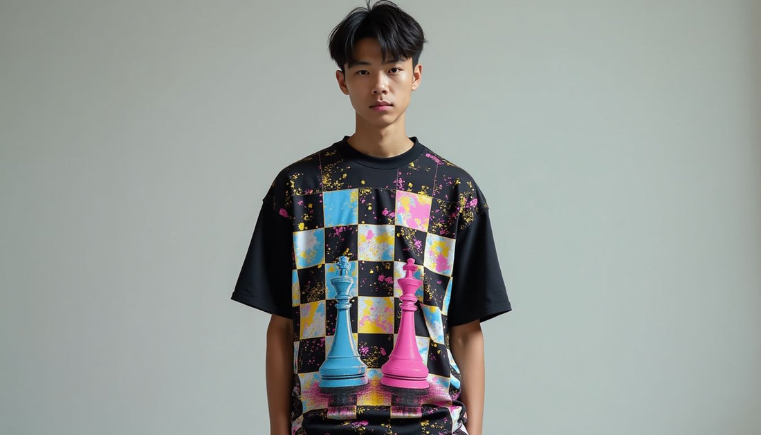 Gen-Z model in an oversized, glitch-art inspired chess-patterned t-shirt, streetwear fashion.