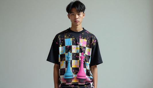 Gen-Z model in an oversized, glitch-art inspired chess-patterned t-shirt, streetwear fashion.
