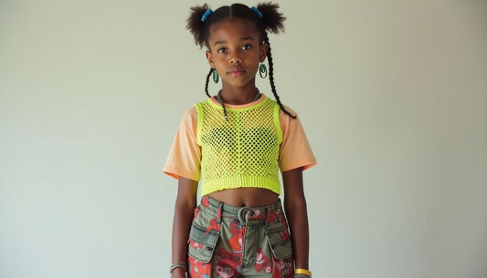Gen-Z model in layered clashing outfit: vintage band tee, neon mesh top, patterned skirt, cargo pants, jewelry, hair clips.
