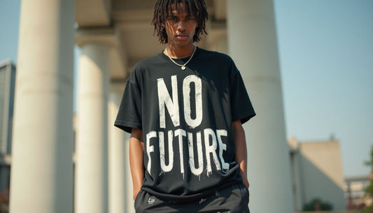 Oversized, ripped 'NO FUTURE' graphic tee on a Gen-Z model. Urban streetwear fashion.