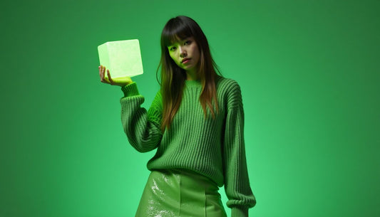 Model wears distressed swamp-green knit sweater, glistening slime skirt, holding neon-green slime cube. Weird streetwear fashion.