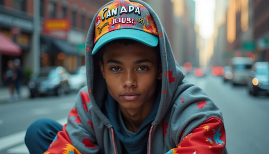 Colorful 'Canada Dream Big' baseball hat worn by a Gen-Z model sitting on trash on a city street. Streetwear fashion.