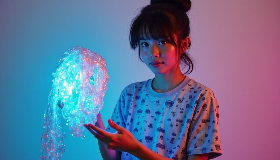 Gen-Z model in funny fashion streetwear t-shirt with pixelated AI pattern, holding iridescent slime sculpture.