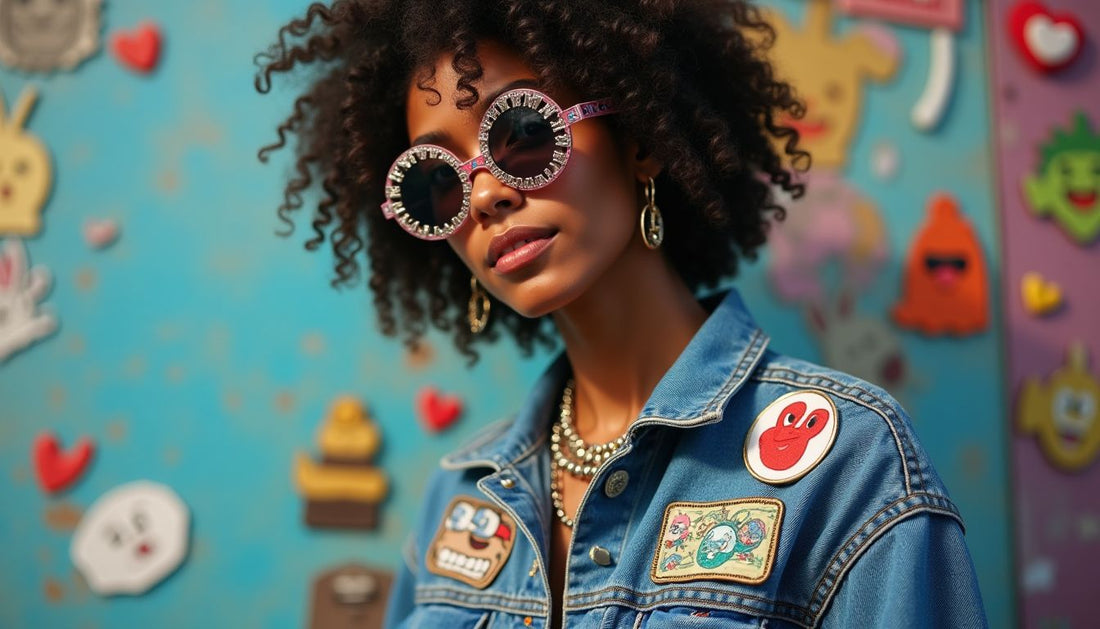 Streetwear deconstructed denim jacket with meme patches, cartoon pins, chunky chains, and novelty glasses.