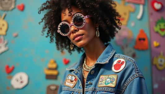 Streetwear deconstructed denim jacket with meme patches, cartoon pins, chunky chains, and novelty glasses.