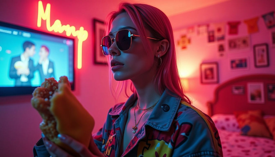Gen-Z model in layered, clashing digital print streetwear holds dripping fast food. Funny fashion in a chaotic neon bedroom.