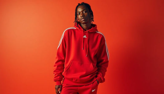 Gen-Z model in a vibrant red oversized tracksuit with vintage athletic stripe. Streetwear fashion.