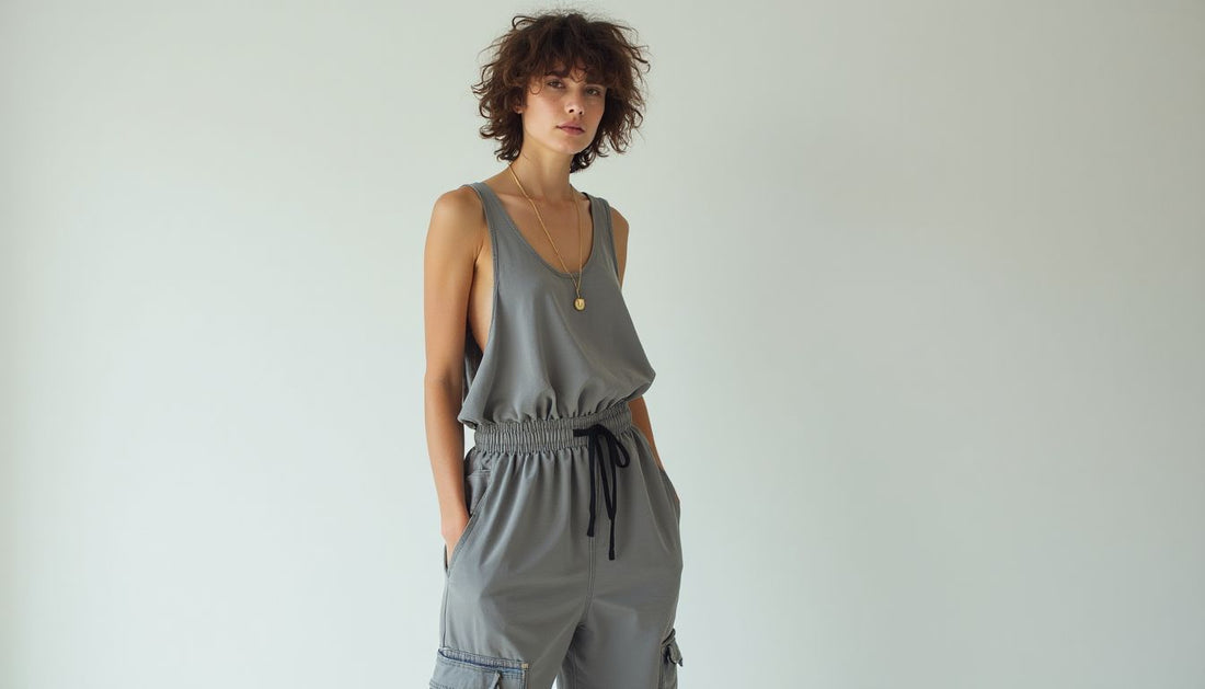 Gen-Z model in oversized grey streetwear parachute pants with lumpy silhouette and tiny distressed tank top.
