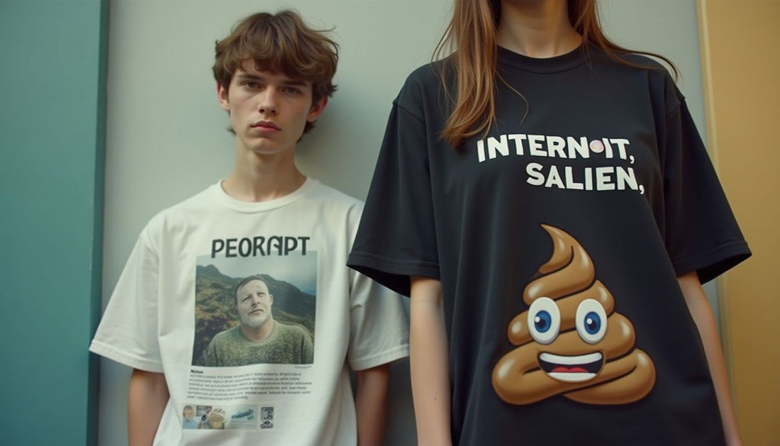 Gen-Z model in oversized Poop-Art streetwear t-shirt with blurry cursed object graphic & internet slang. Funny fashion.