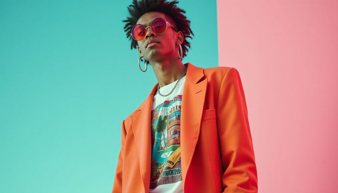 Vibrant oversized deconstructed blazer and graphic tee worn by Gen-Z model. Modern streetwear fashion.