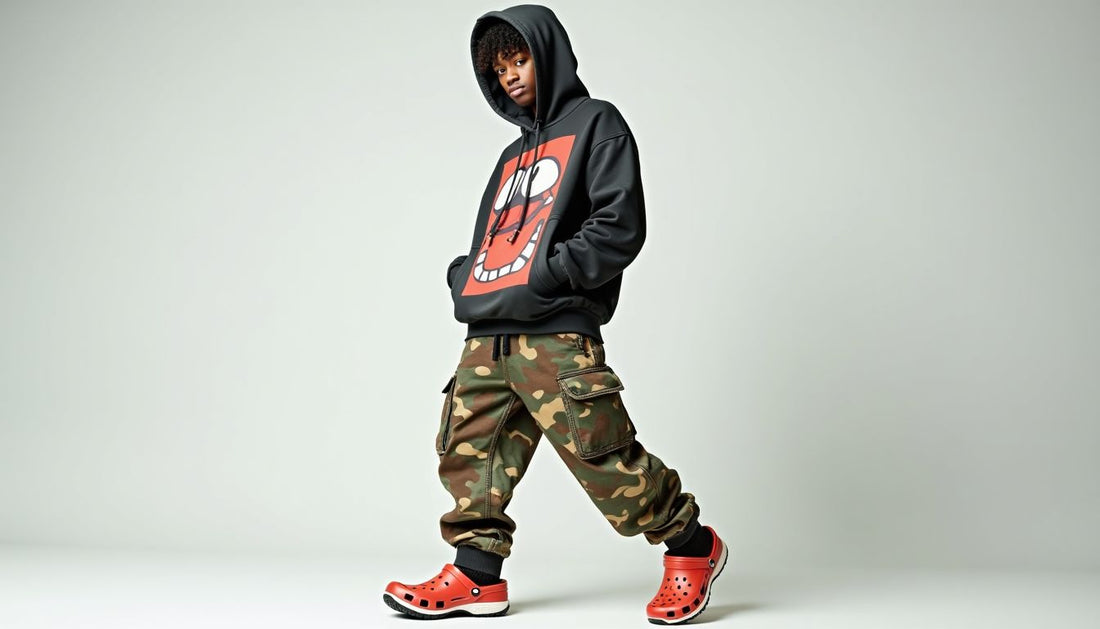 Gen-Z model in oversized pixelated meme hoodie, clashing patterned cargo pants, mismatched Crocs. Streetwear, funny fashion.