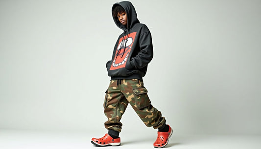 Gen-Z model in oversized pixelated meme hoodie, clashing patterned cargo pants, mismatched Crocs. Streetwear, funny fashion.