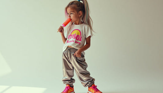 Gen-Z model with streaked hair in mismatched streetwear: graphic tee, shiny track pants, platform sneakers, holding popsicle.