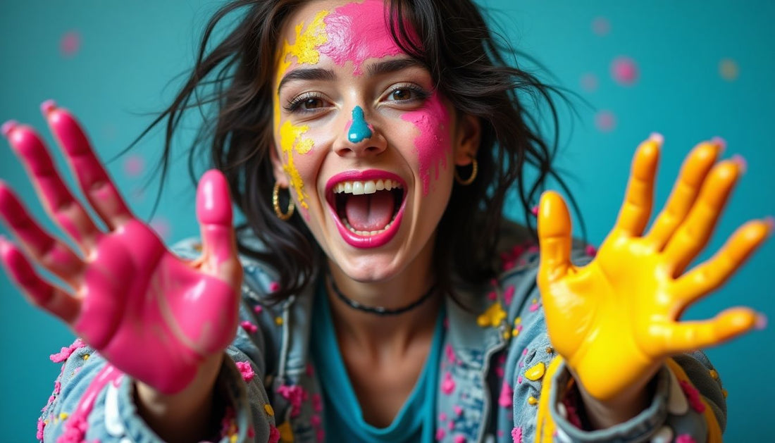 Funny fashion: Gen-Z model in distressed high-fashion streetwear, face & hands covered in vibrant multi-colored slime.