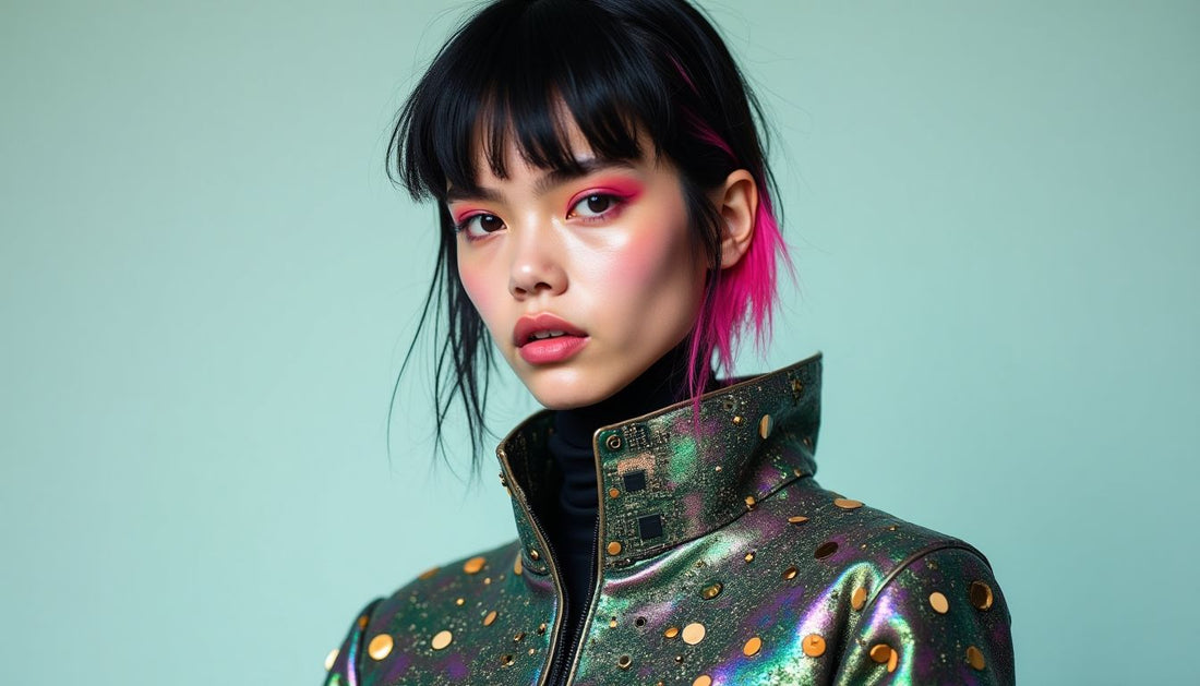 Gen-Z model with choppy, dyed hair wearing an avant-garde outfit made of upcycled circuit boards and iridescent fabric.