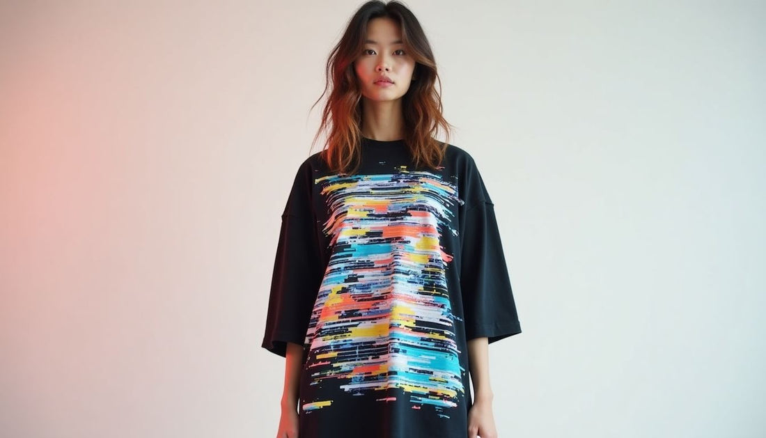 Model in oversized streetwear t-shirt with colorful glitch-art print.