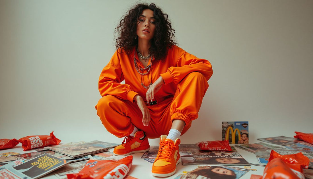 Stylish Gen-Z model in designer tracksuit and bright wedge sneakers amidst fashion magazines and fast-food wrappers.