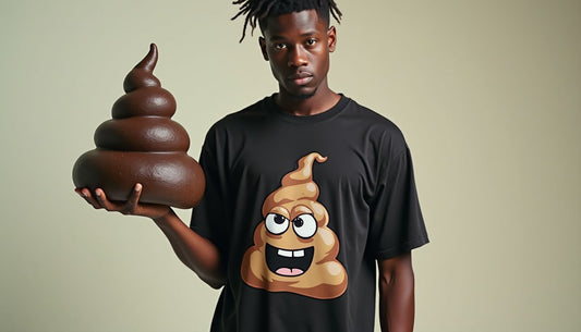 Gen-Z model in oversized meme graphic tee holding a dark brown crude Poop-Art sculpture. Streetwear, funny fashion.