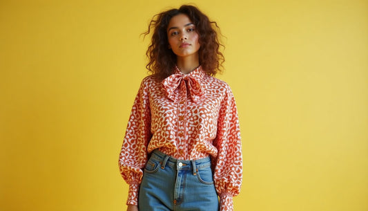 Gen-Z model wearing an oversized, high-contrast patterned pussybow blouse. Funny fashion streetwear look.
